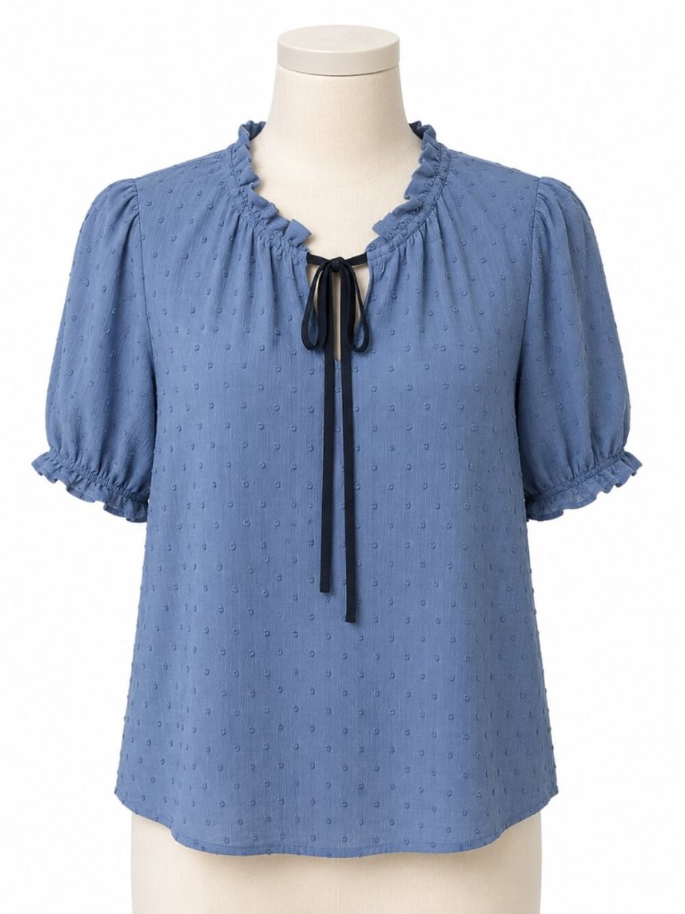 Monteau Slate Blue Swiss Dot Ruffle Tie Neck Puff Sleeve Blouse Size S